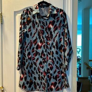 Blue Button down top/dress with black and maroon leopard print size S